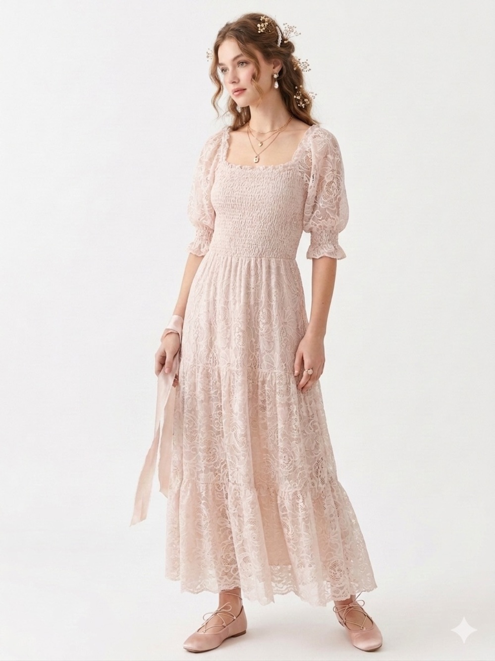 Notations Cream Lace Maxi Dress with Smocked Bodice